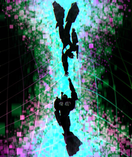 Sillhouettes of Megatron and Optimus Prime from Transformers reaching towards each other, suspended. The background is blue.