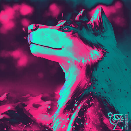 A blue and pink illustration of a wolf looking to the left. There is a pink and purple skyline behind her.